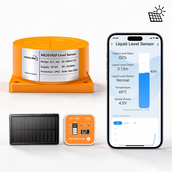 Moray ME201RSP Tuya APP Solar Panel Wireless Ultrasonic Depth Level Meter Flow LED Temperature Display Liquid Level Monitor